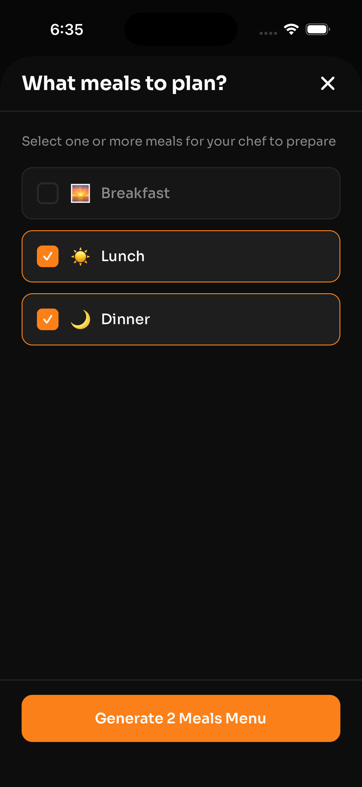 Select meals screen