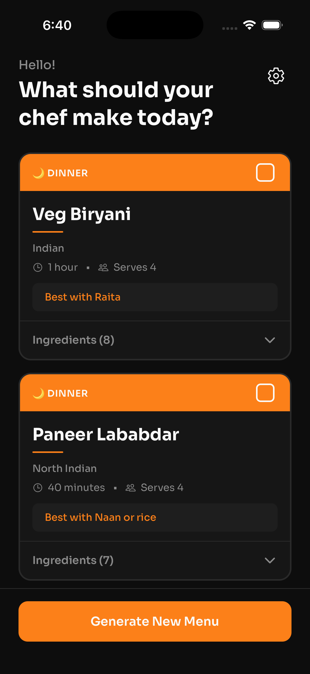 Generated dishes screen